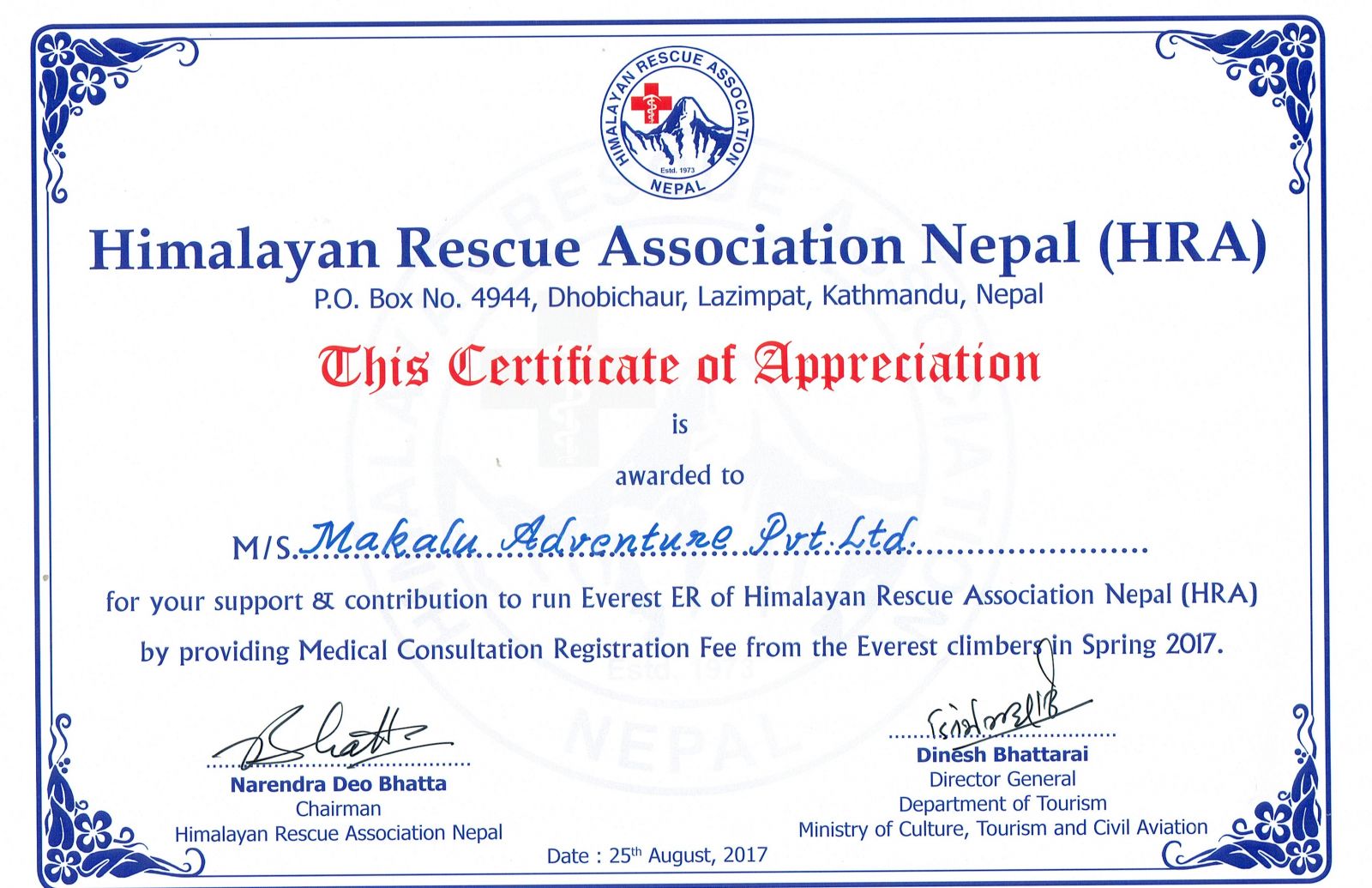 Support and Contribution to Run Himalayan Rescue Association Nepal