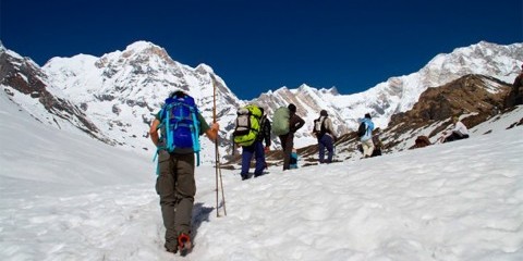 Climbing up to the mountains during Annapurna Base Camp Trek